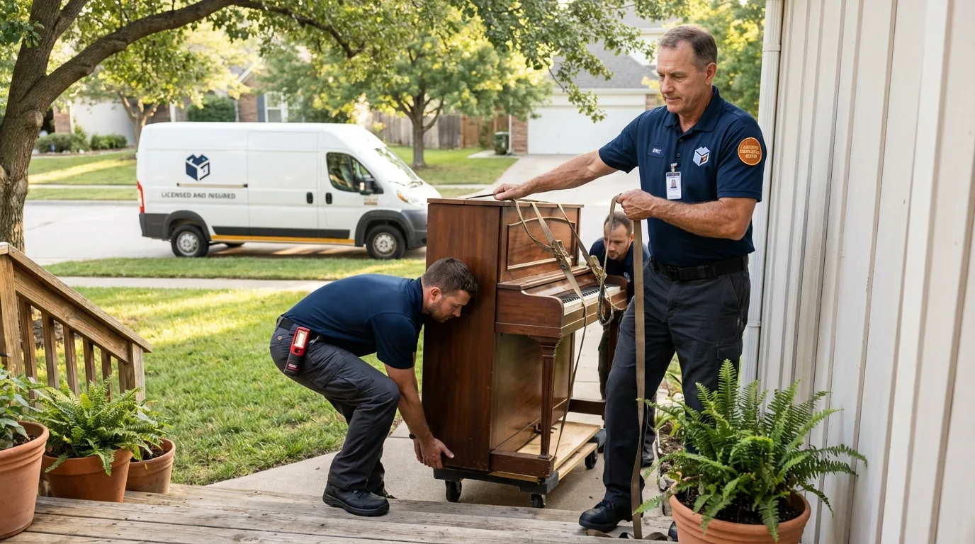 Licensed piano movers securing grand piano in Nantucket, MA