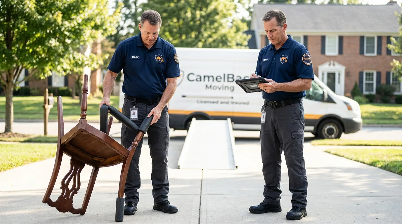 Movers inspecting furniture for damage prevention before loading in Nantucket, MA